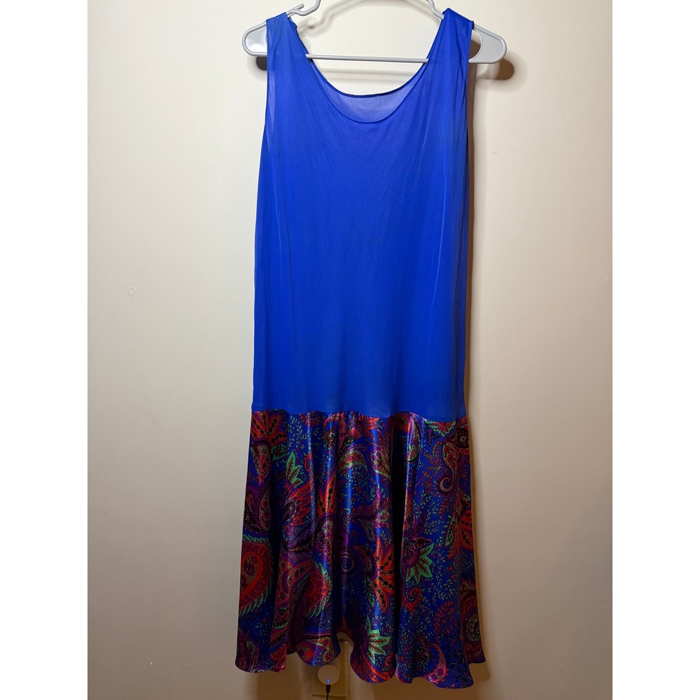 Vintage Royal Blue Drop Waist Paisley Print Midi Dress Sleeveless Boho RN 67384